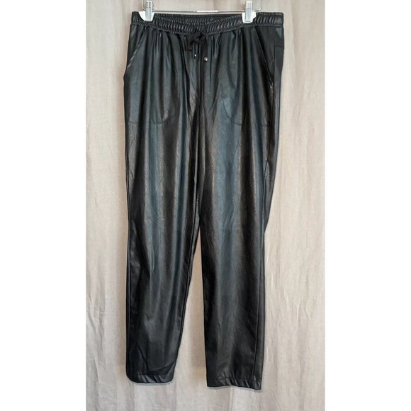 NWT MAX STUDIO ELASTIC DRAWSTRING WAIST Faux LEATHER LIKE BLACK Pants SIZE Large - Picture 3 of 6